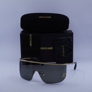 Roberto Cavalli SRC012M 0300 Shield Sunglasses – Gold\Grey